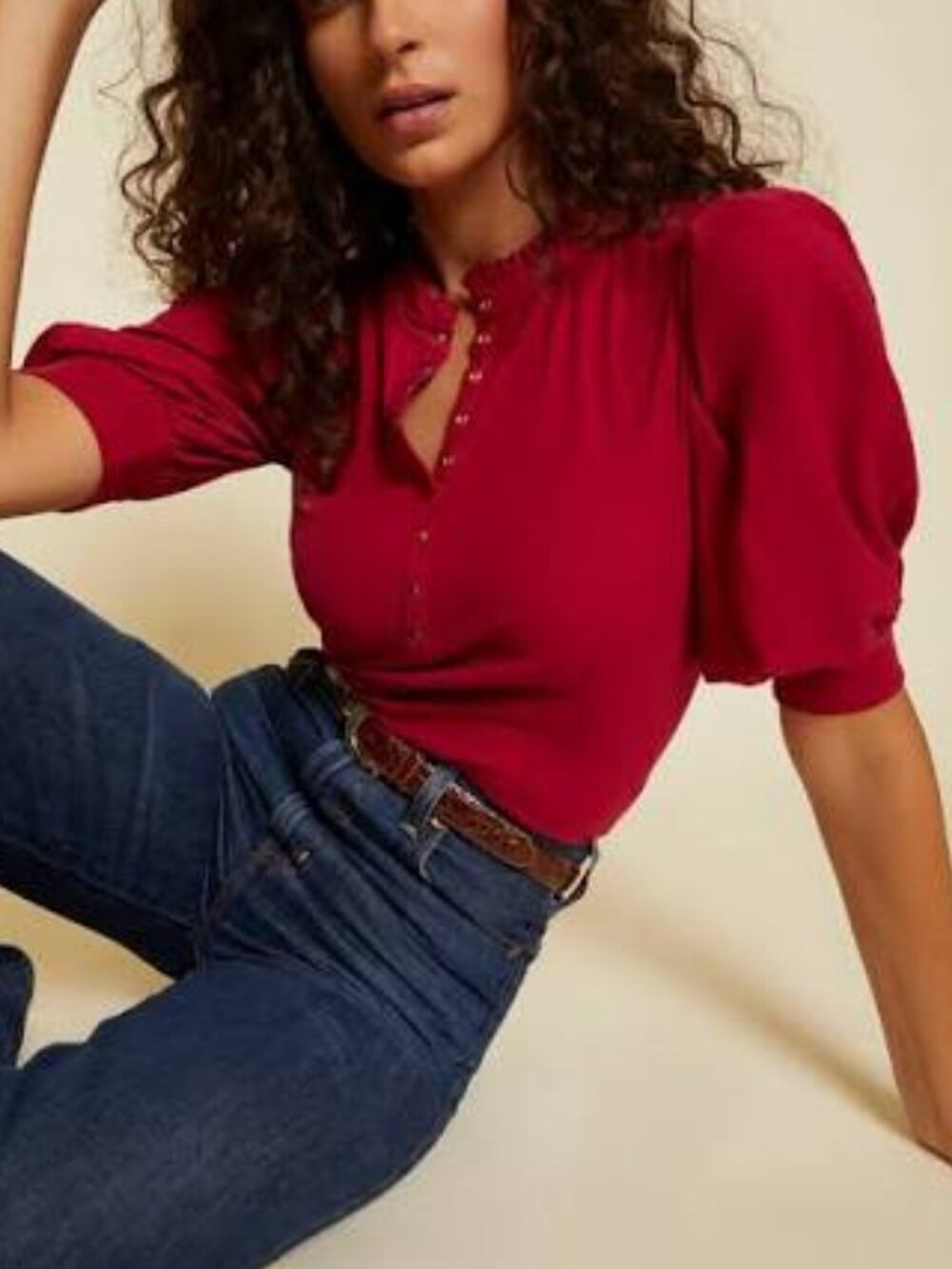 Nation LTD Veronique Girly Henley Heartbreaker Berry Puff Sleeve Top EUC - M